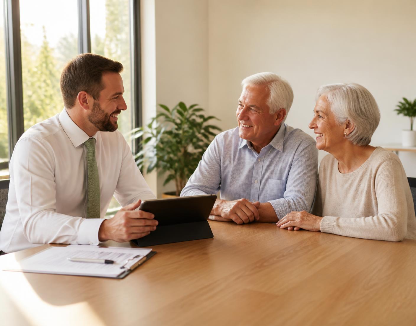 Wichita Falls Medicare agent going over Advantage and Medigap quotes with a retired couple at the agency office