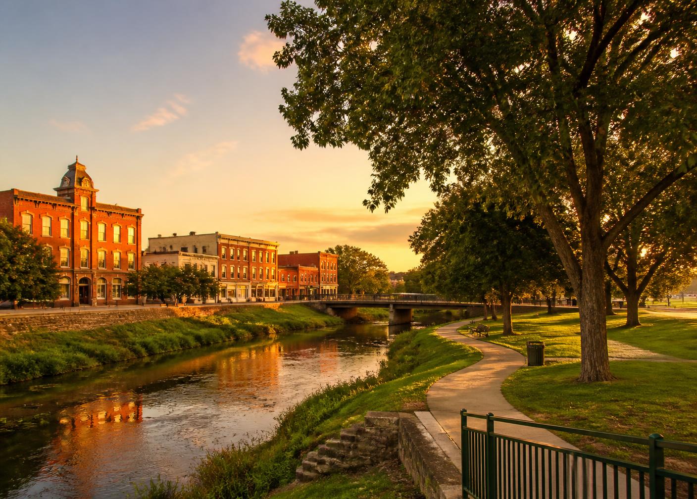 Lucy Park and the Wichita Falls waterfall along the Wichita River at sunset